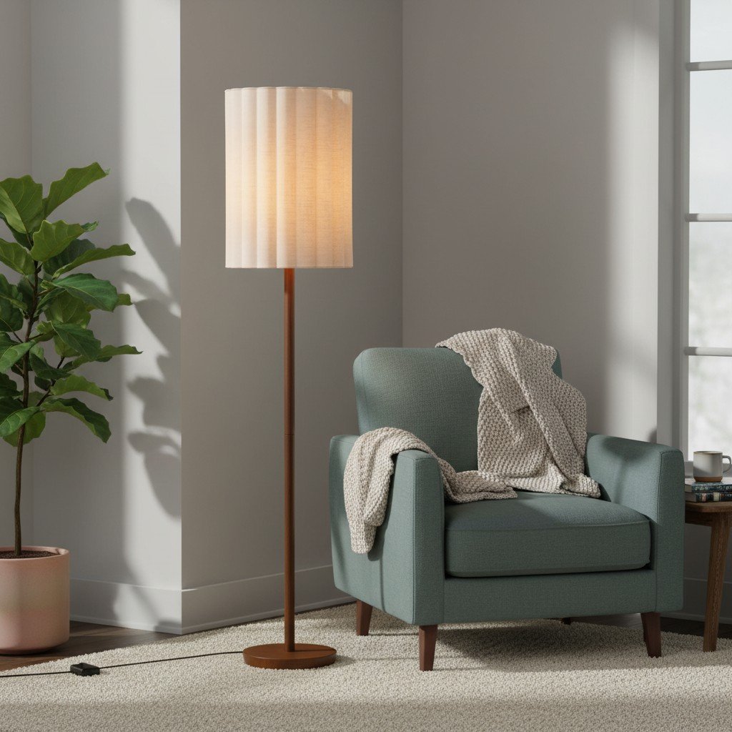 Lámpara de pie Linbron con pantalla de tela neutra y acabado en veta de madera – Lámpara de pie moderna minimalista para sala de estar y estudio