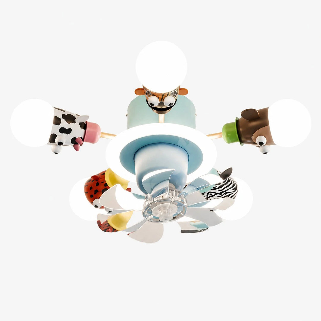Blue 5-head kids animal ceiling fan light on white background