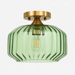 Charger l'image dans la visionneuse de galerie, Green large ribbed glass semi-flush ceiling light with brushed brass canopy