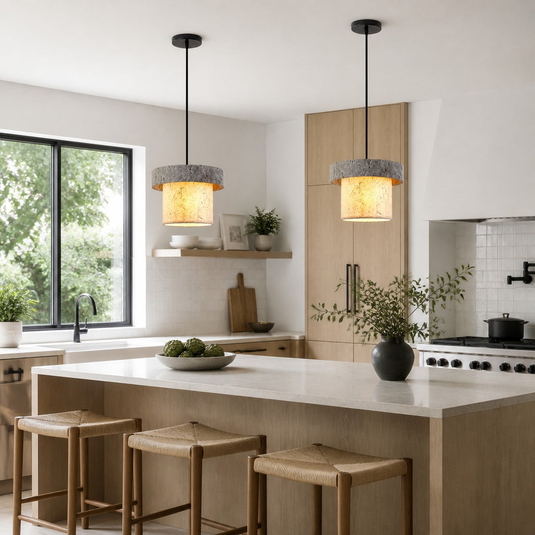 Gray Travertine Stone Pendant Light - Vintage Kitchen Island and Dining Room Lamp