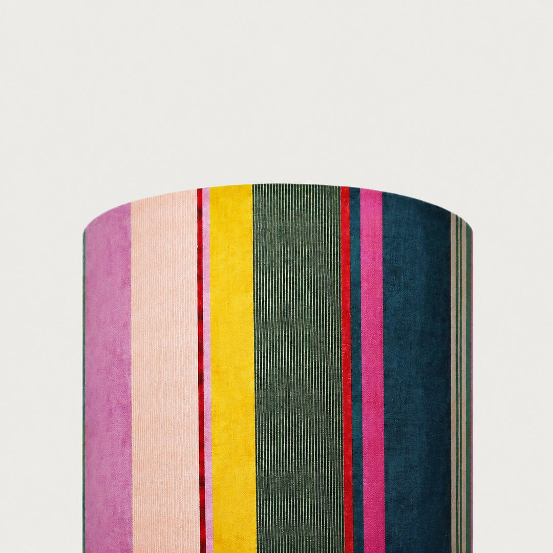 Detailed view of the multicolor striped fabric lampshade
