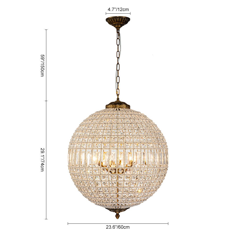 Lustre globe en cristal vintage luxueux avec finition en laiton antique