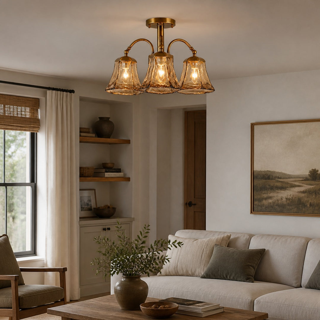 Brass and Amber Glass Semi-Flush Ceiling Light