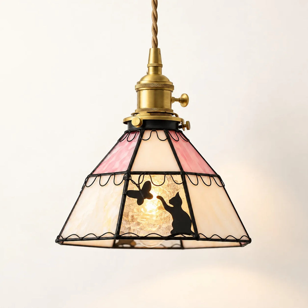 Cat and Butterfly Stained Glass Pendant Light