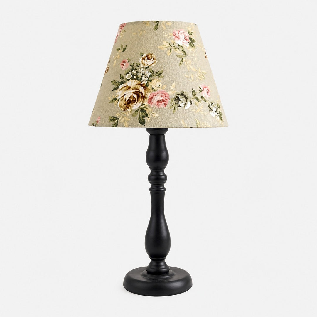 Vintage black iron table lamp with pea green rose fabric shade