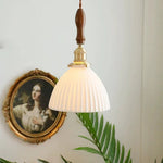 Load image into Gallery viewer, Traditional Japanese Brass Walnut Glass Ceramic Cylinder Conic Flower Bowl 1-Light Pendant Light For Dining Room
