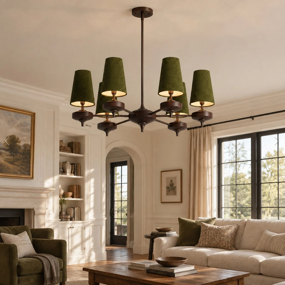 Six-light green Hour Rho chandelier in a living room