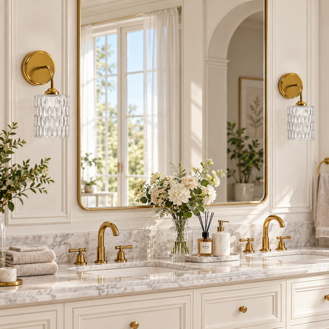 Gold Plate Textured Glass Short Arm Wall Sconce