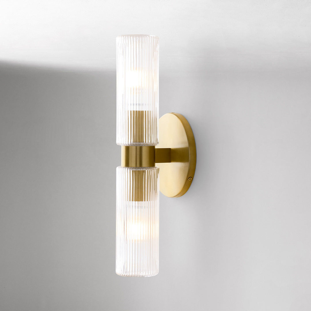 Applique murale Rivora en tube de verre strié – Luminaire double tube en laiton cannelé