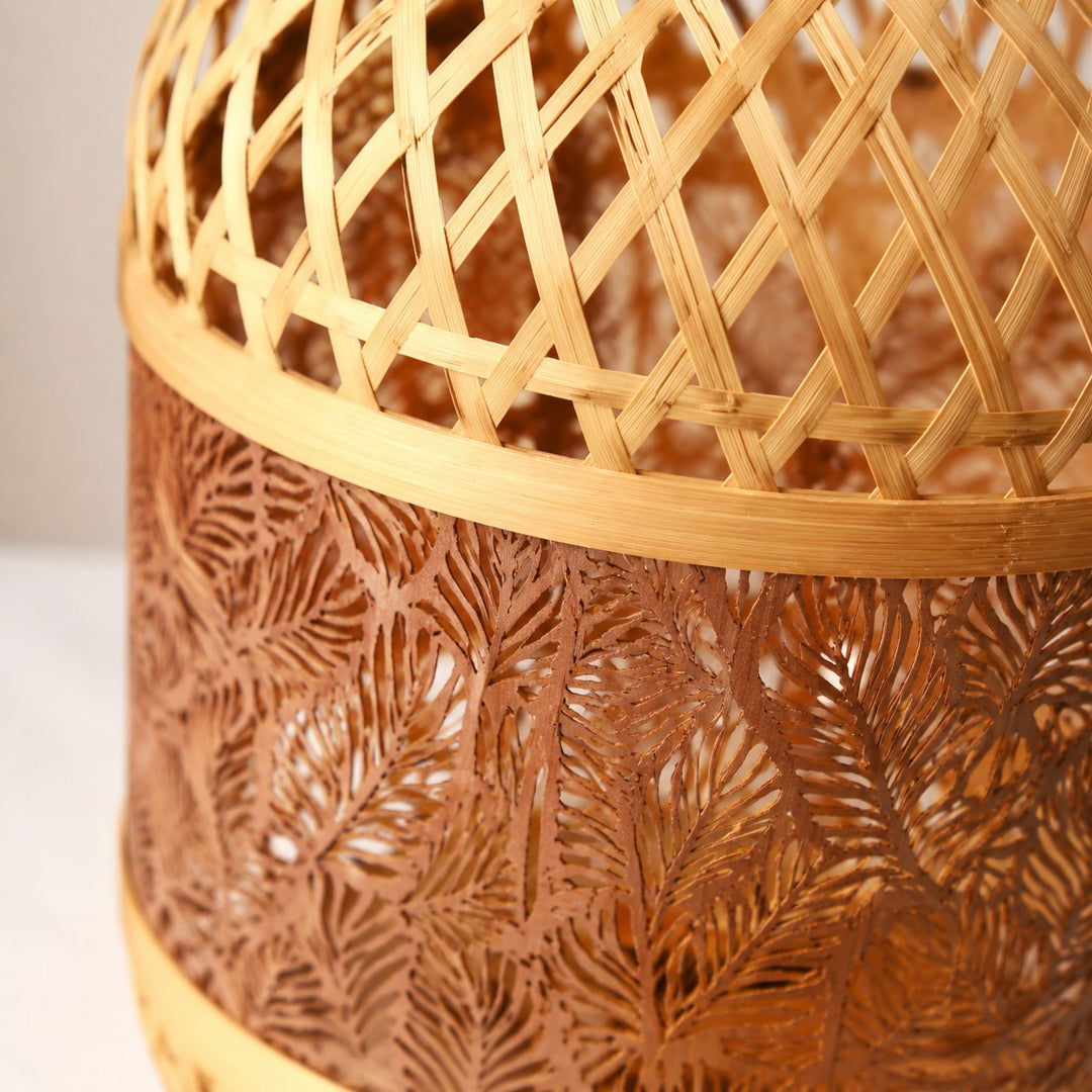 close view of woven bamboo texture on orange LED table lamp