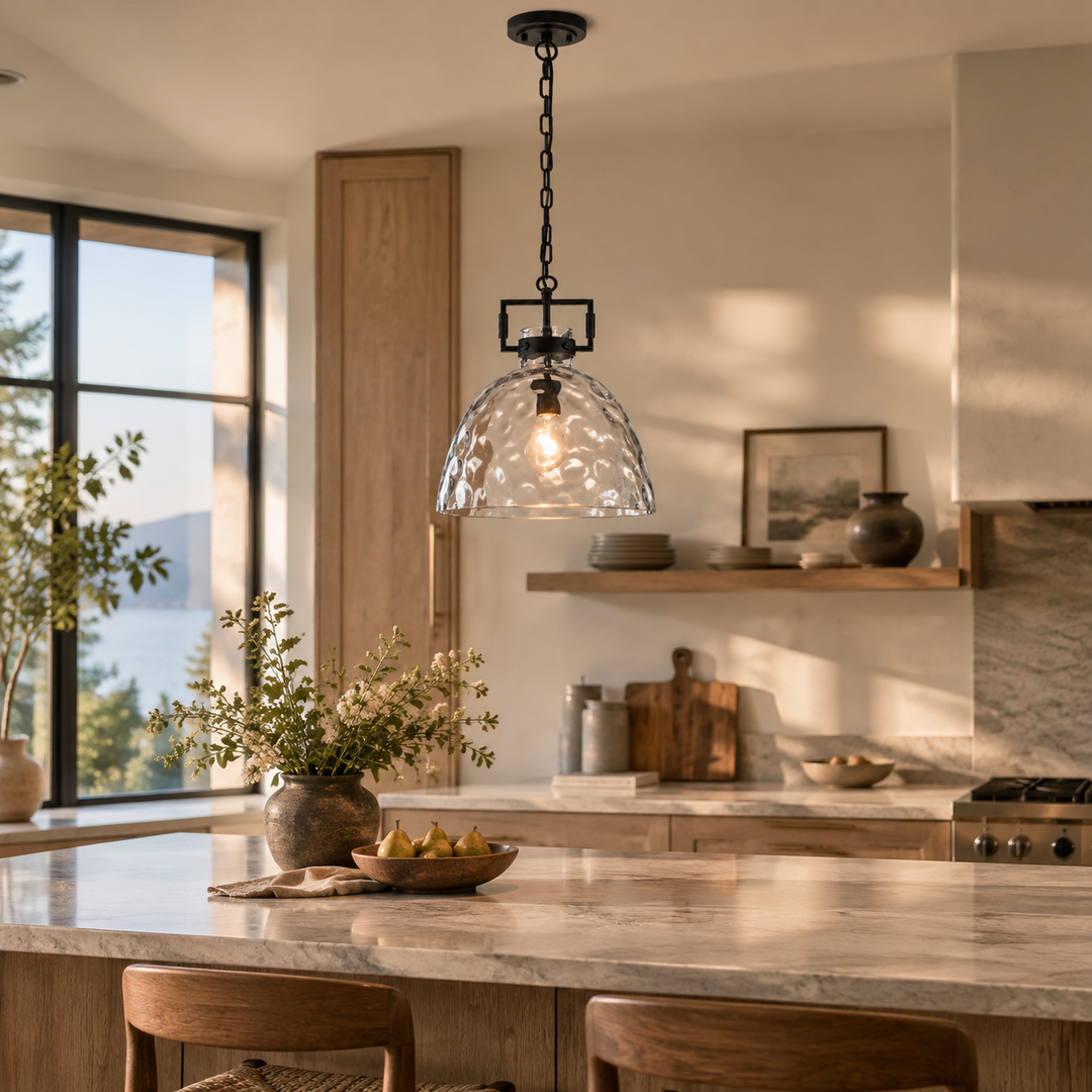 Hammered Glass Pendant Light with a 13.8-inch shade and minimal hardware - New2609-1024495 interior scene