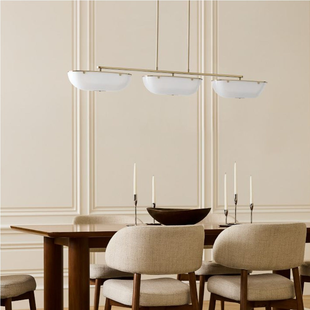 Ferosa Brass Glass Linear Chandelier – 3 Light Milk Glass Dining Lighting