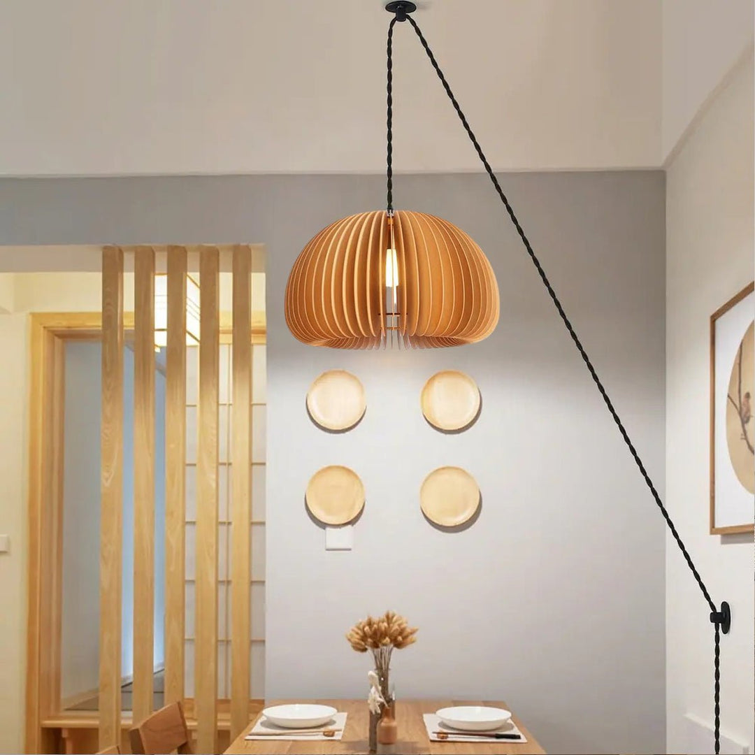 Rounded Wood Slat Swag Pendant Light