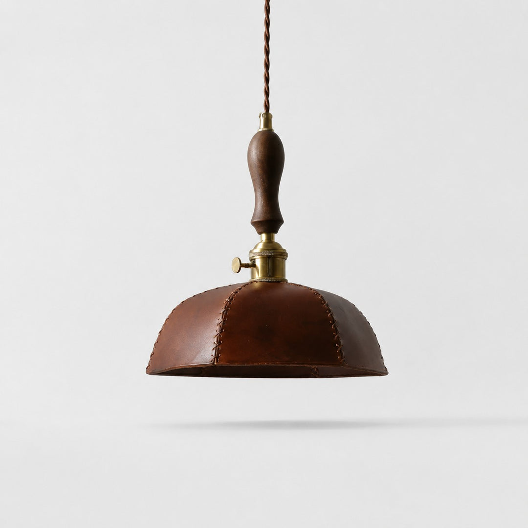 Vintage brown leather dome pendant lamp without crystal drops