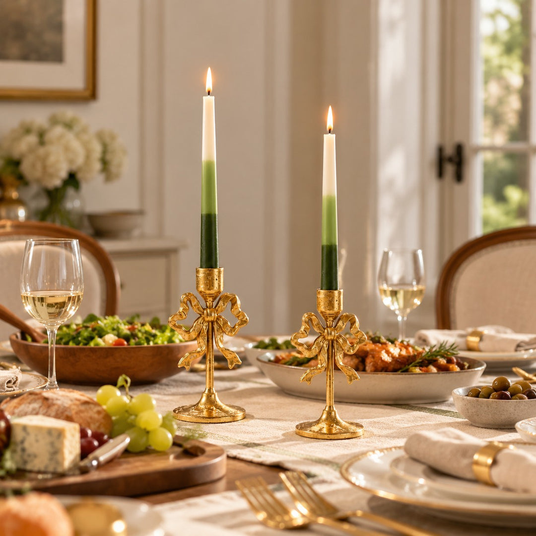 Gold Metal Bow and Milagro Heart Candle Holders