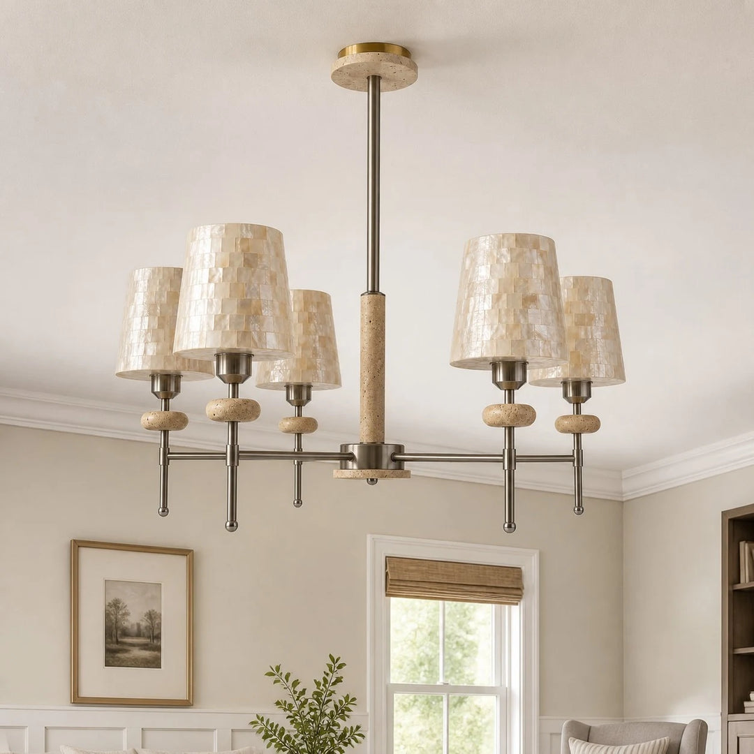 Five-light chandelier installed at true scale in a bright room