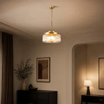 Load image into Gallery viewer, Brass ribbed glass pendant ceiling lamp in a warm room