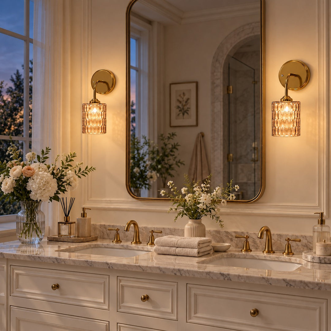 Gold Plate Textured Glass Short Arm Wall Sconce