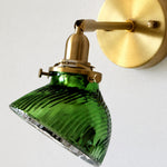 Cargar imagen en el visor de la Galería, Green ribbed glass shade and brass holder detail