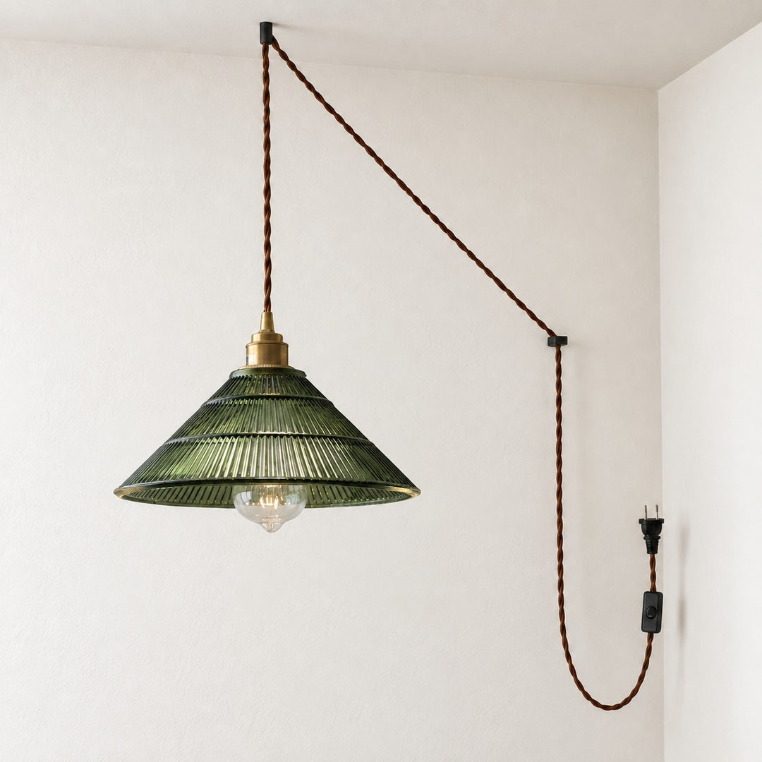 Vintage Ribbed Glass Shade Plug‑in Swag Pendant Light - Hanging Lamp for Dining and Living Room