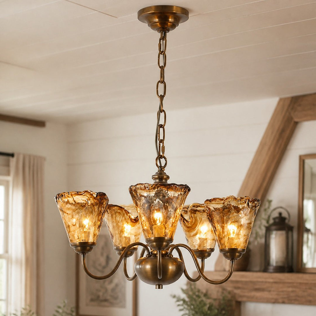 Amber Ruffle Glass Brass Chandelier