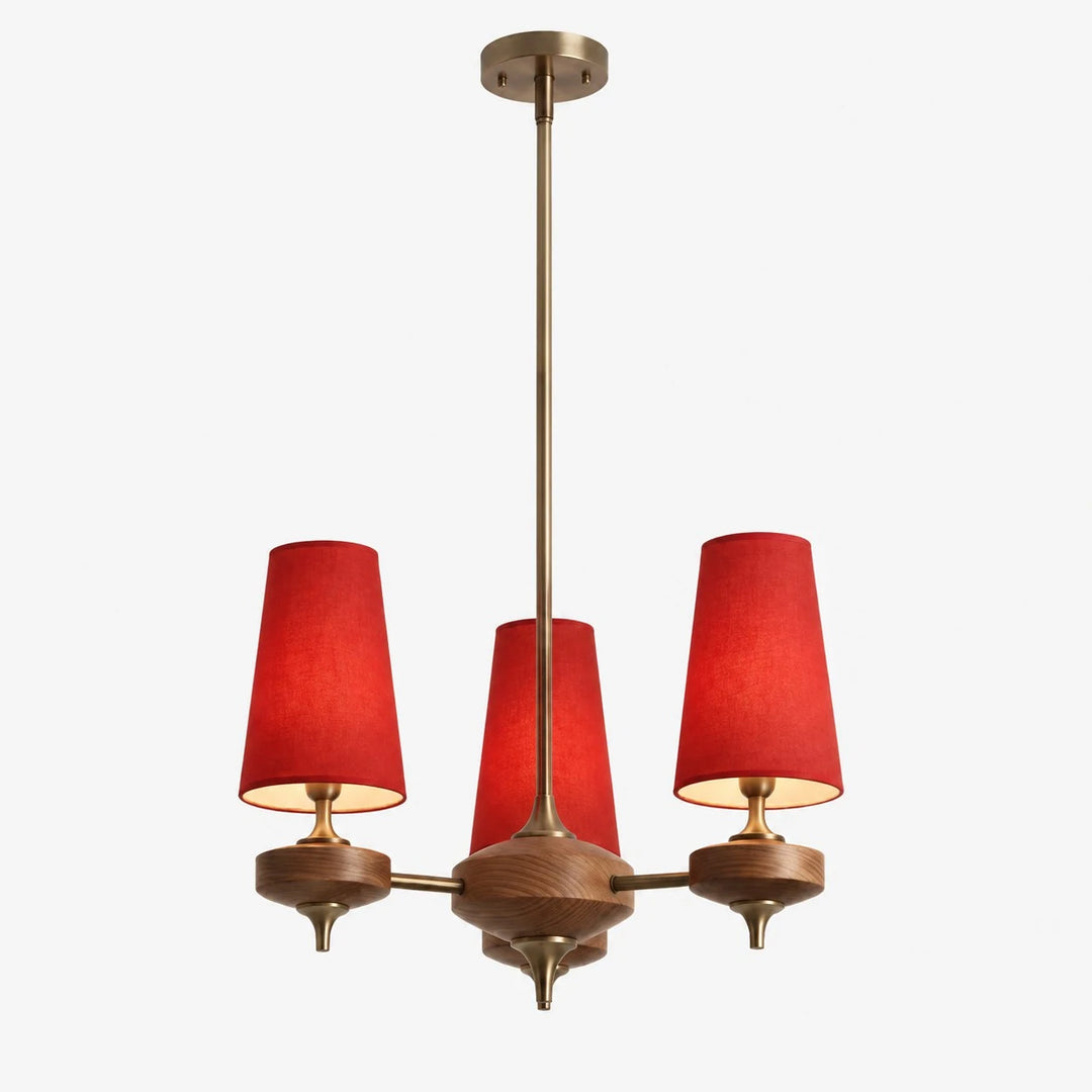 Hour Rho chandelier with red velvet shades, 3 lights