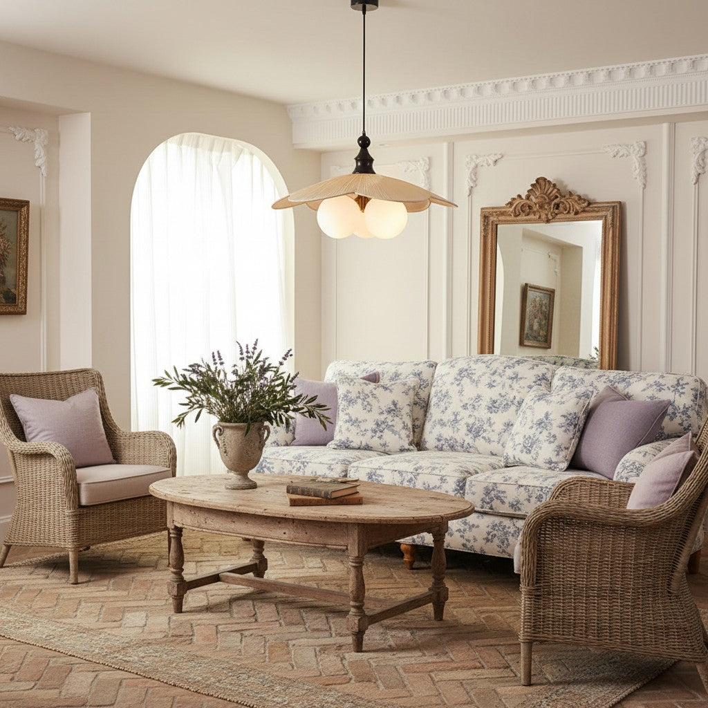 Lustre suspendu à 3 lumières d'inspiration vintage Orrise - Accents en bois, métal et tissu Éclairage intérieur