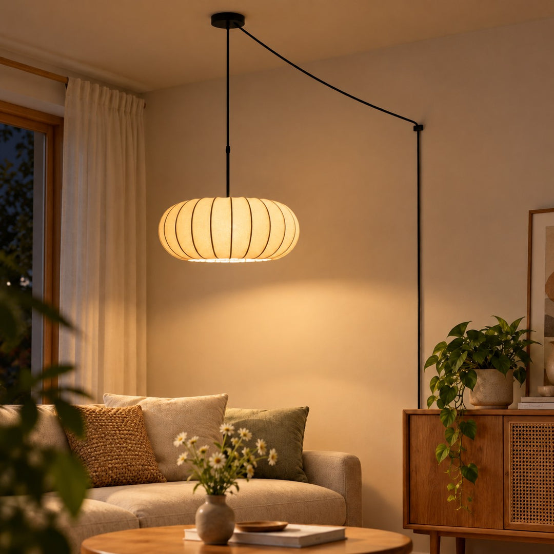 White Fabric Plug-In Pendant Lamp
