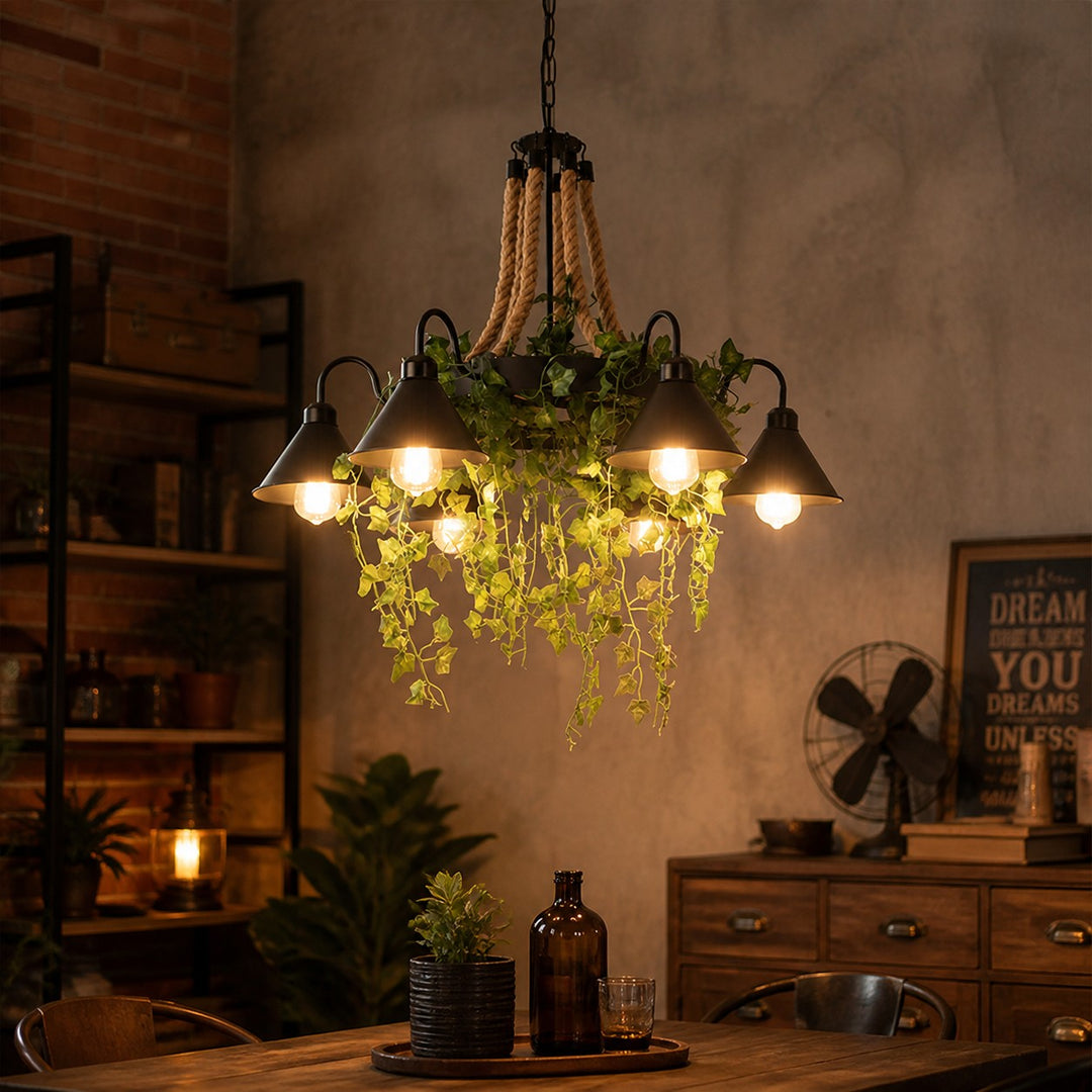 Rope and Greenery Wagon Wheel Chandelier