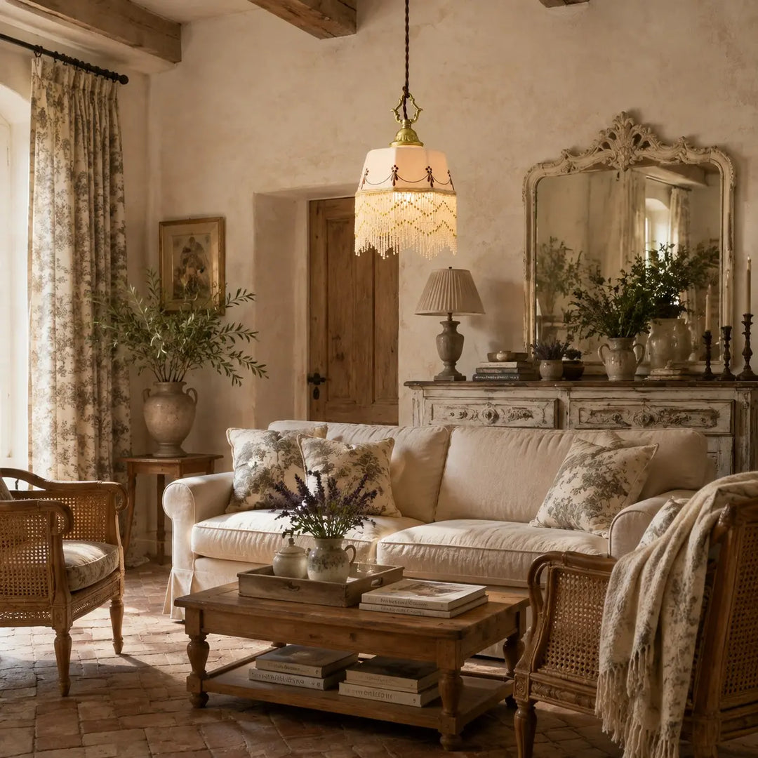 Hand-painted ceramic pendant in a natural interior