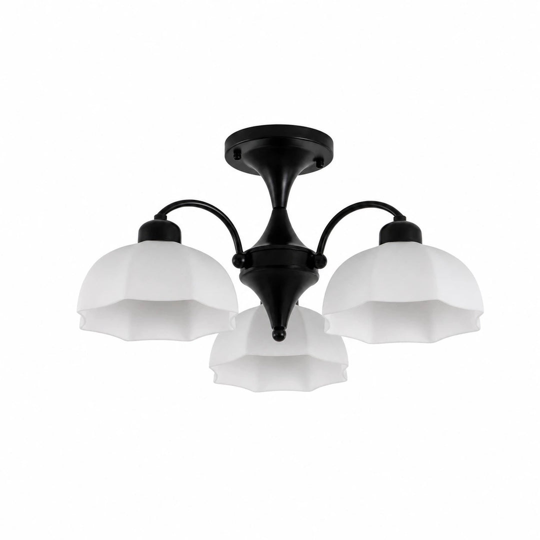 Black three-light chandelier with white glass shades
