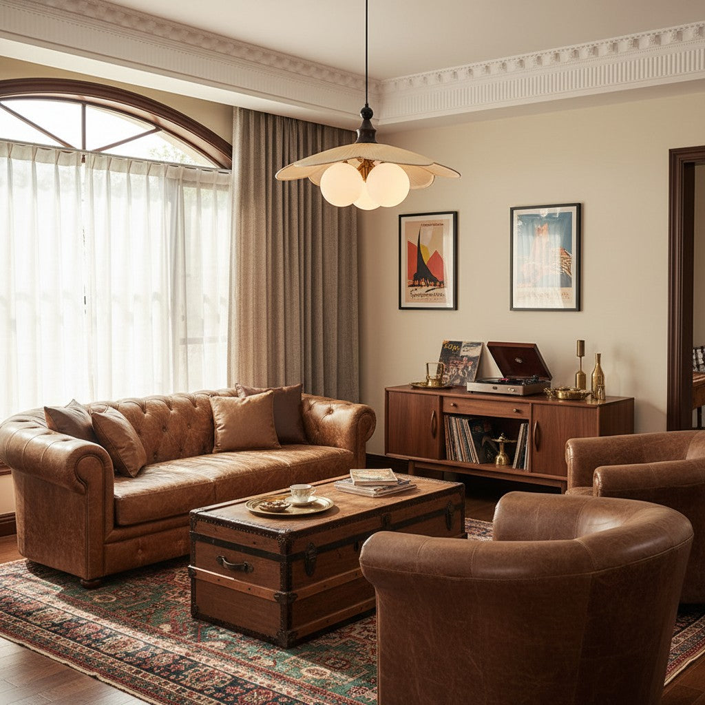 Lustre suspendu à 3 lumières d'inspiration vintage Orrise - Accents en bois, métal et tissu Éclairage intérieur