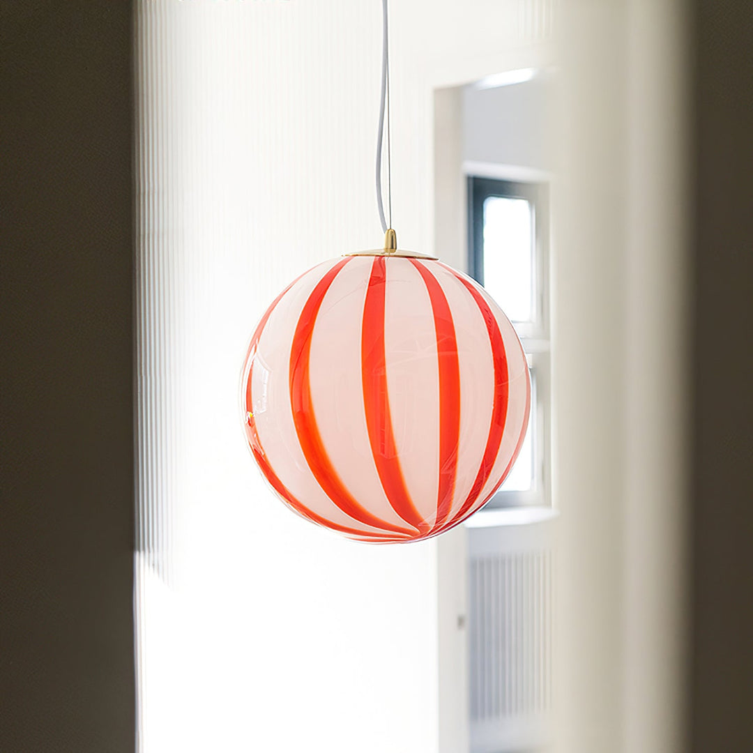 Red Striped Glass Globe Hardwired Pendant