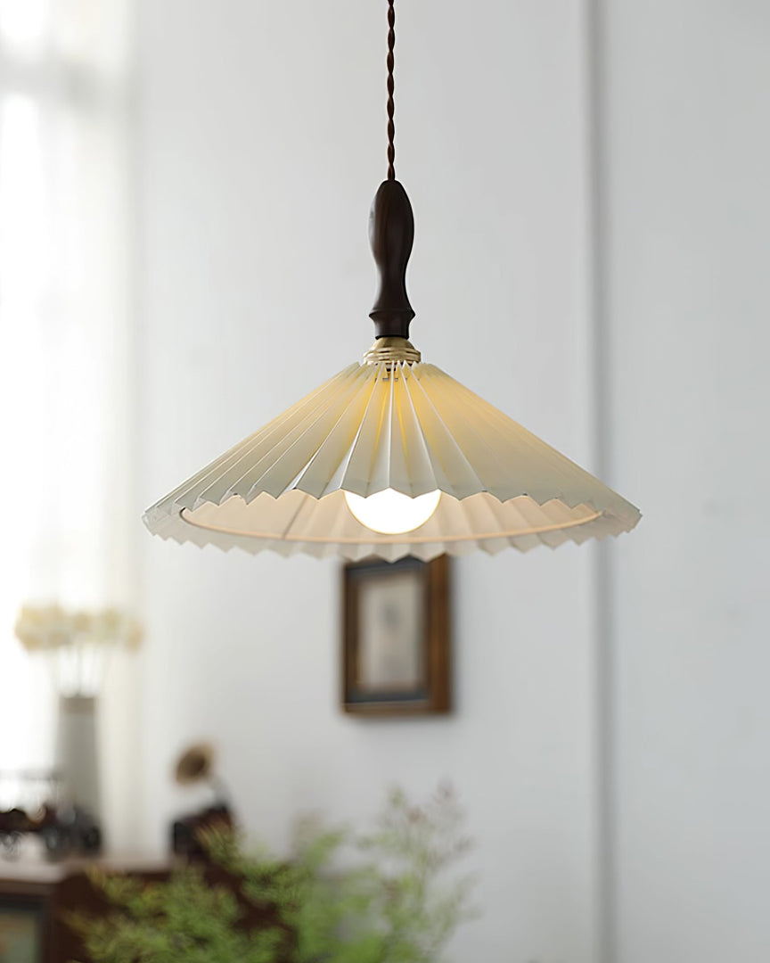 White Fabric Walnut Brass Plug-In Pendant