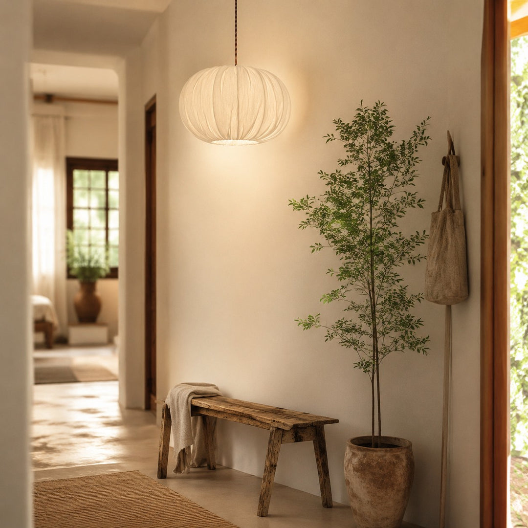 Fabric Globe Pendant Light with Wood Canopy
