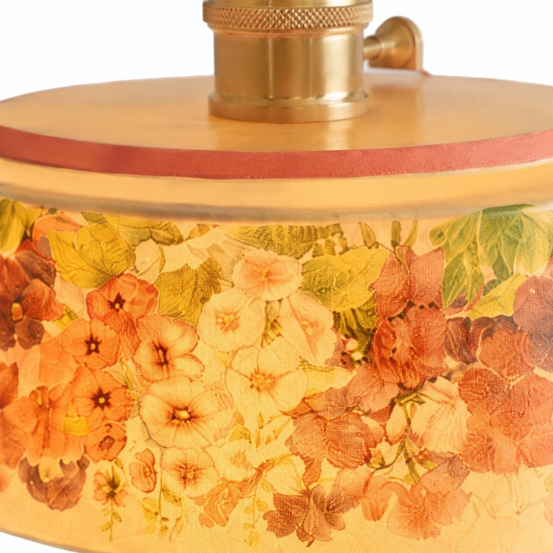 Vintage floral ceramic pendant light detail and room view