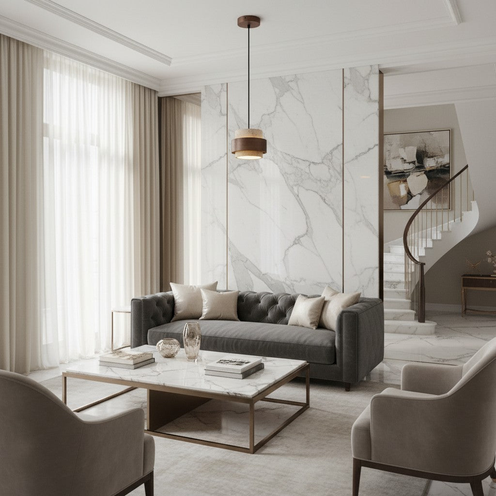 Lámpara colgante cilíndrica contemporánea de travertino Stonel con marco de madera U14