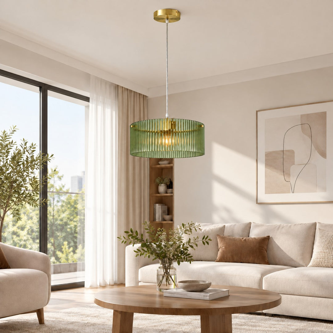 Green ribbed glass pendant in a living room