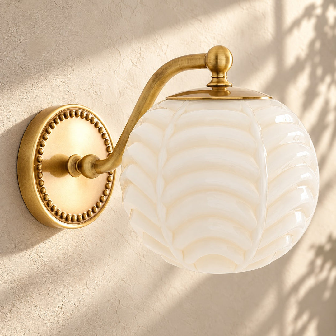 Curved Brass Globe Shade Ribbed Glass Wall Sconce