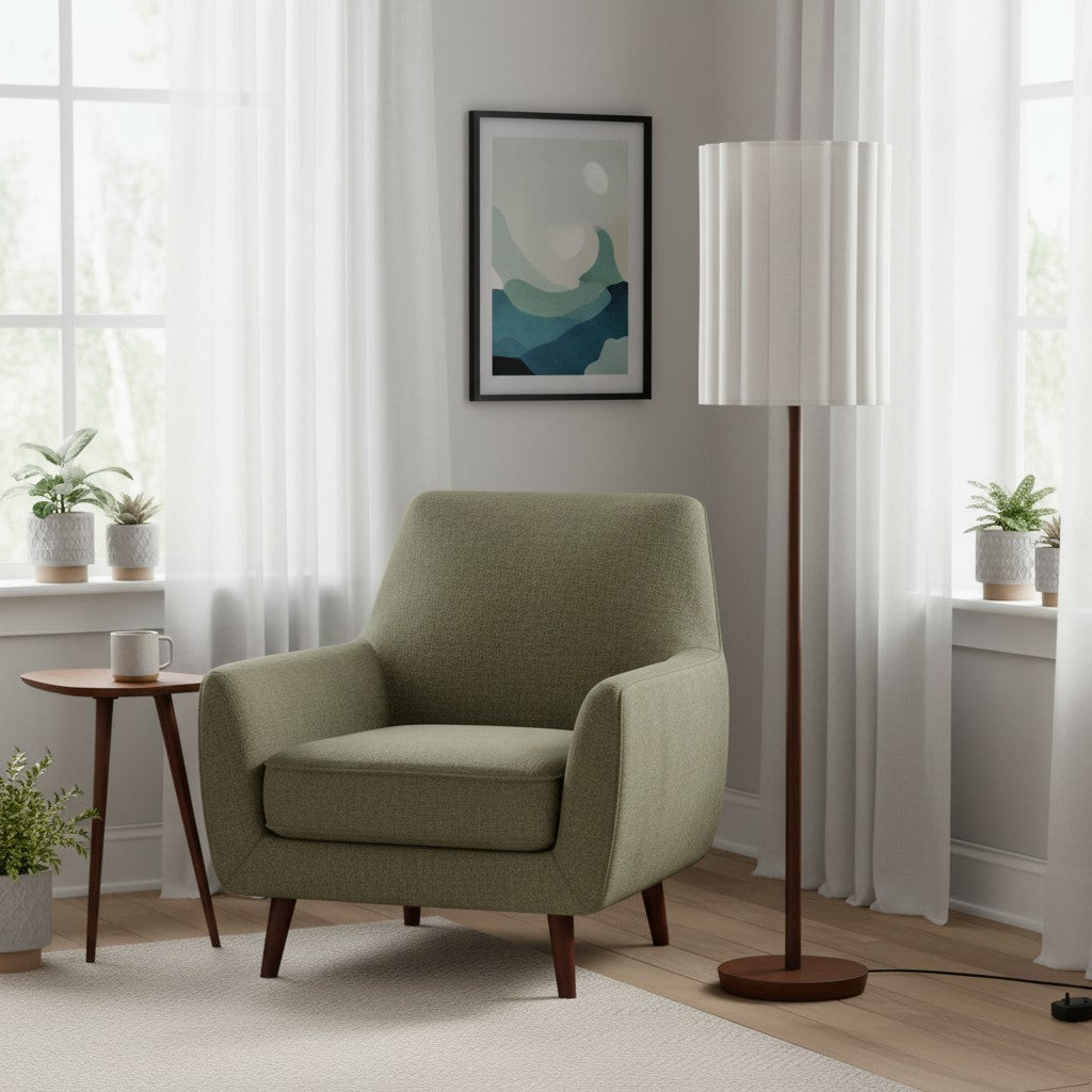 Lámpara de pie Linbron con pantalla de tela neutra y acabado en veta de madera – Lámpara de pie moderna minimalista para sala de estar y estudio