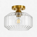 Charger l'image dans la visionneuse de galerie, Clear large ribbed glass semi-flush ceiling light with brushed brass canopy