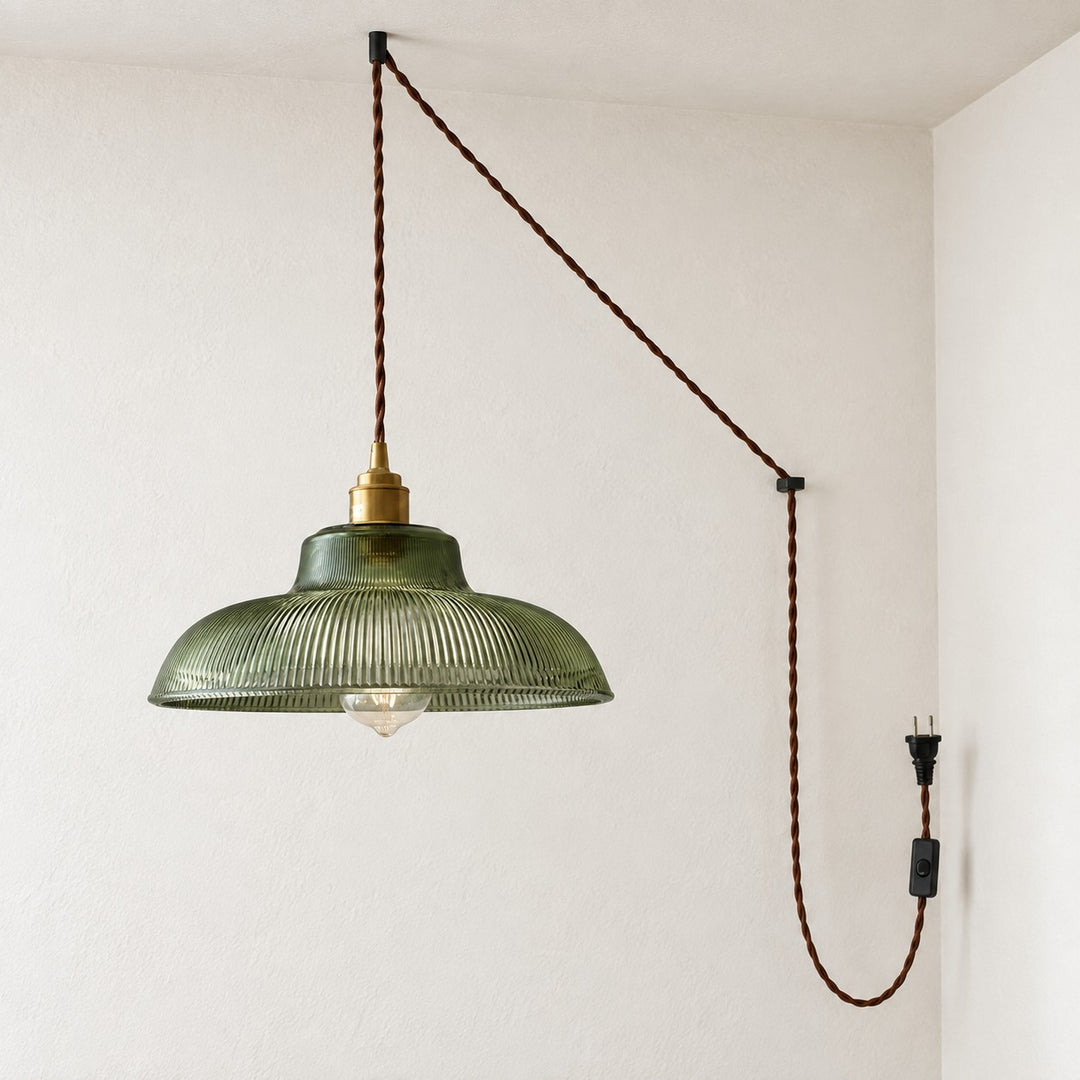 Vintage Ribbed Glass Shade Plug‑in Swag Pendant Light - Hanging Lamp for Dining and Living Room