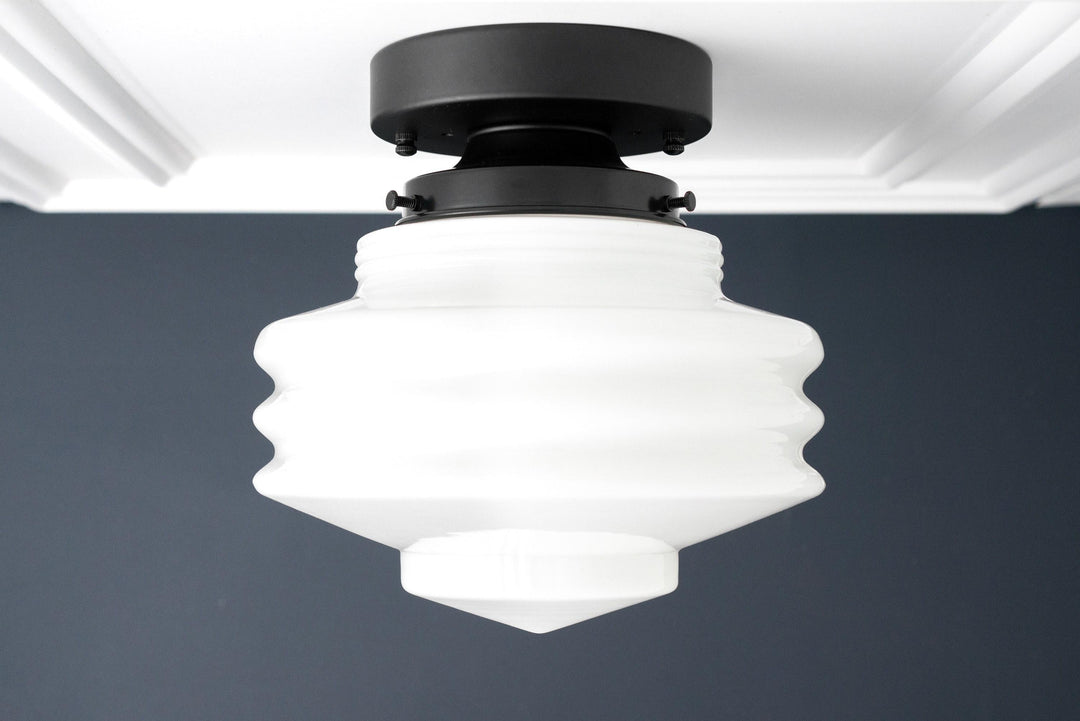 Geotower Glass Art Deco Flush Mount Ceiling Light – Ribbed Glass Globe Ceiling Fixture