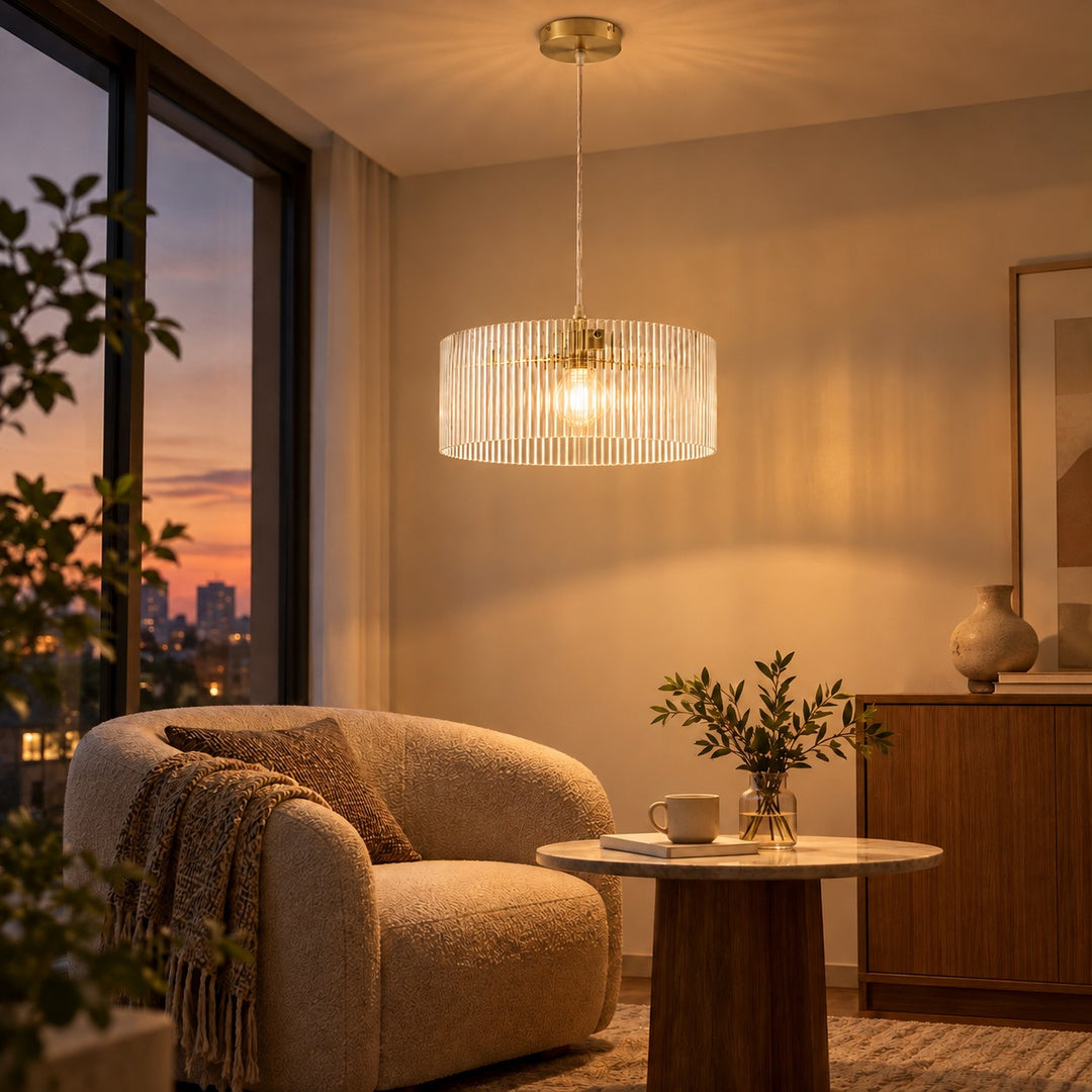 Clear ribbed glass pendant switched on