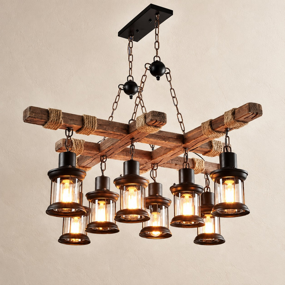 Rustic Wood Beam and Rope 8-Light Chandelier
