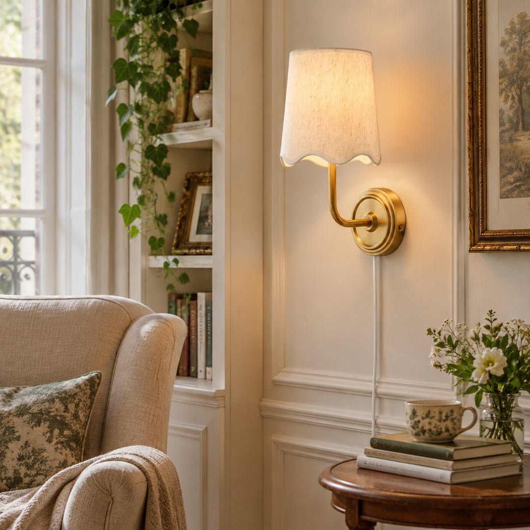 Brass Plug-In Wall Sconce with White Fabric Shade
