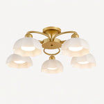 Load image into Gallery viewer, 5-light brass ceiling fixture with white glass shades