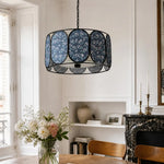 Cargar imagen en el visor de la Galería, Floral fabric drum pendant light above a dining table
