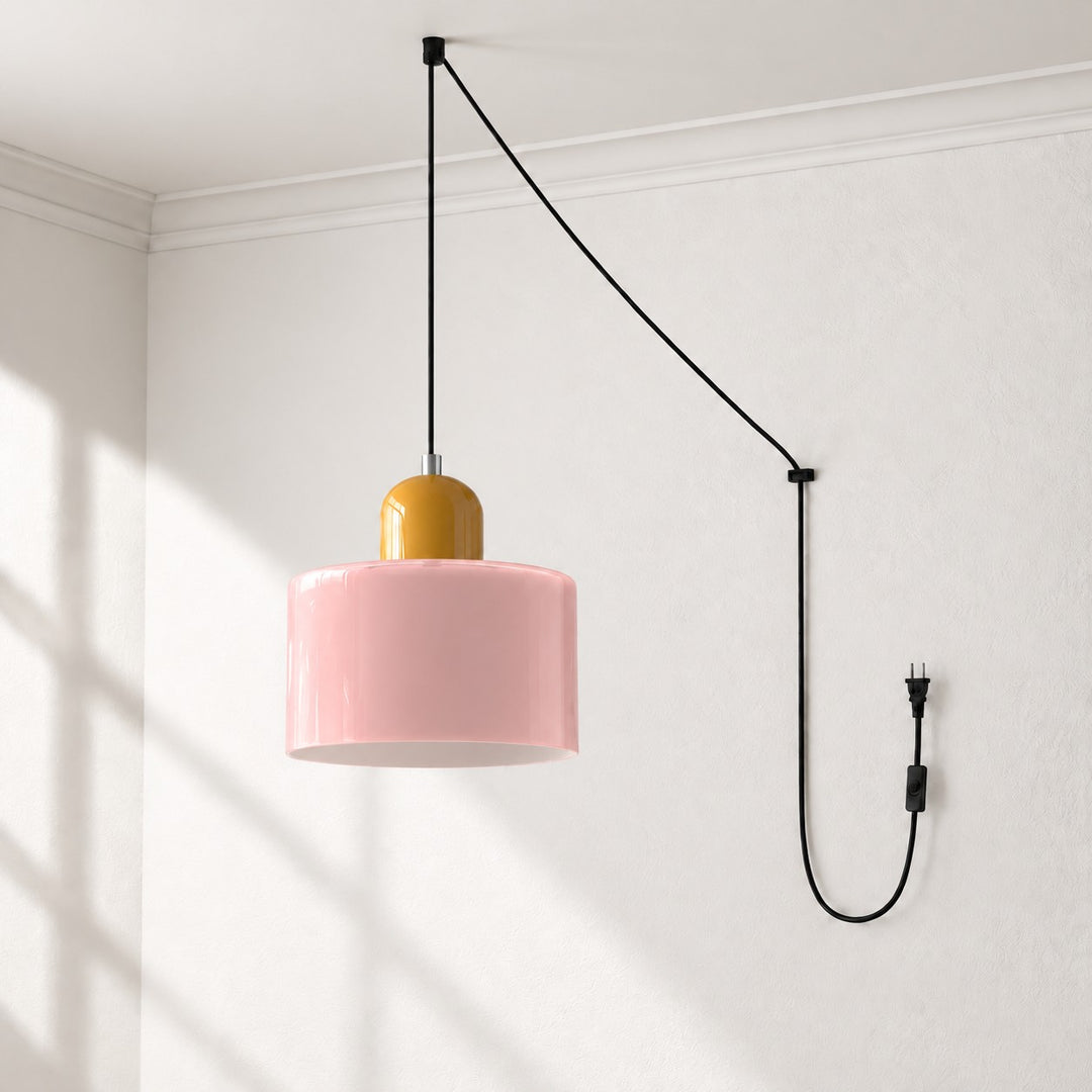 Mid‑Century Macaron Plug‑in Swag Pendant Light - Colorful Shade Hanging Lamp for Home Decor