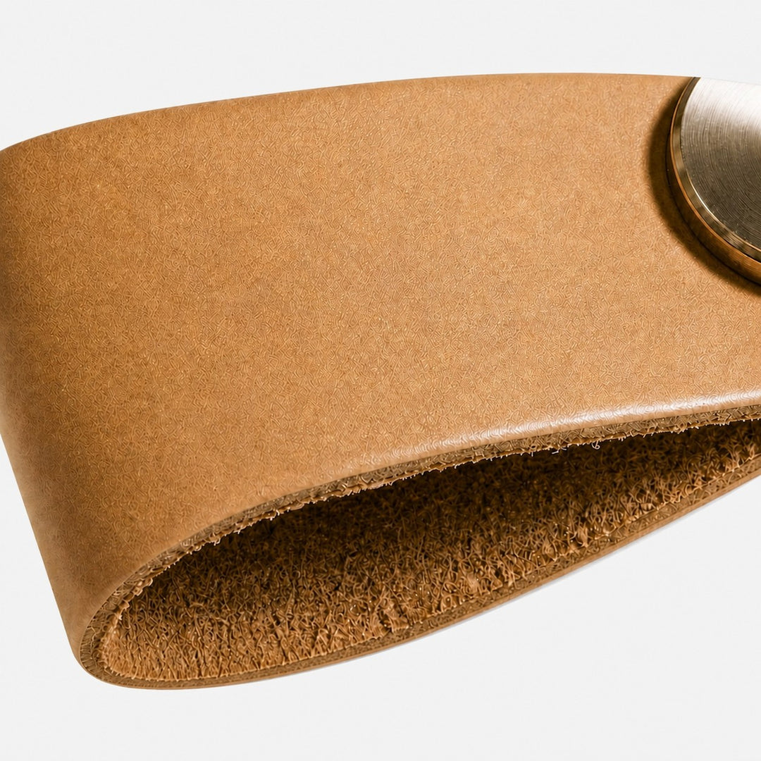 Cowhide leather and brass cabinet pull handle detail and lifestyle image